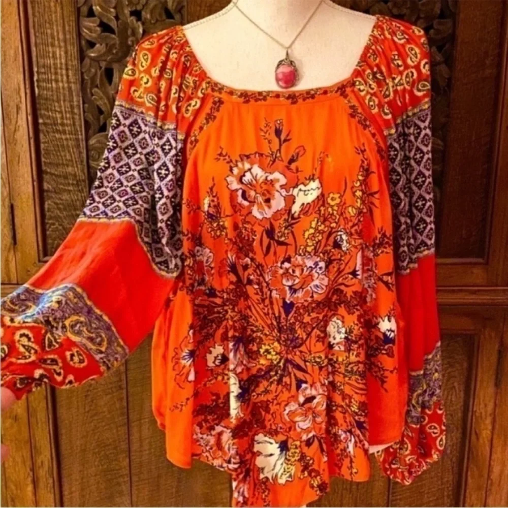 Free People Positano Orange Peasant Blouse Sz M NWT